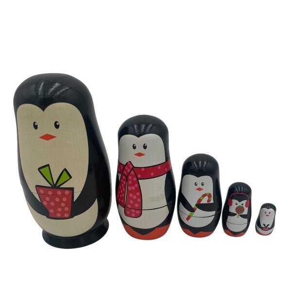 Penguin Nesting Dolls Set Of 5 Hand-Painted Wooden Matryoshka Gift - Picture 2 of 10